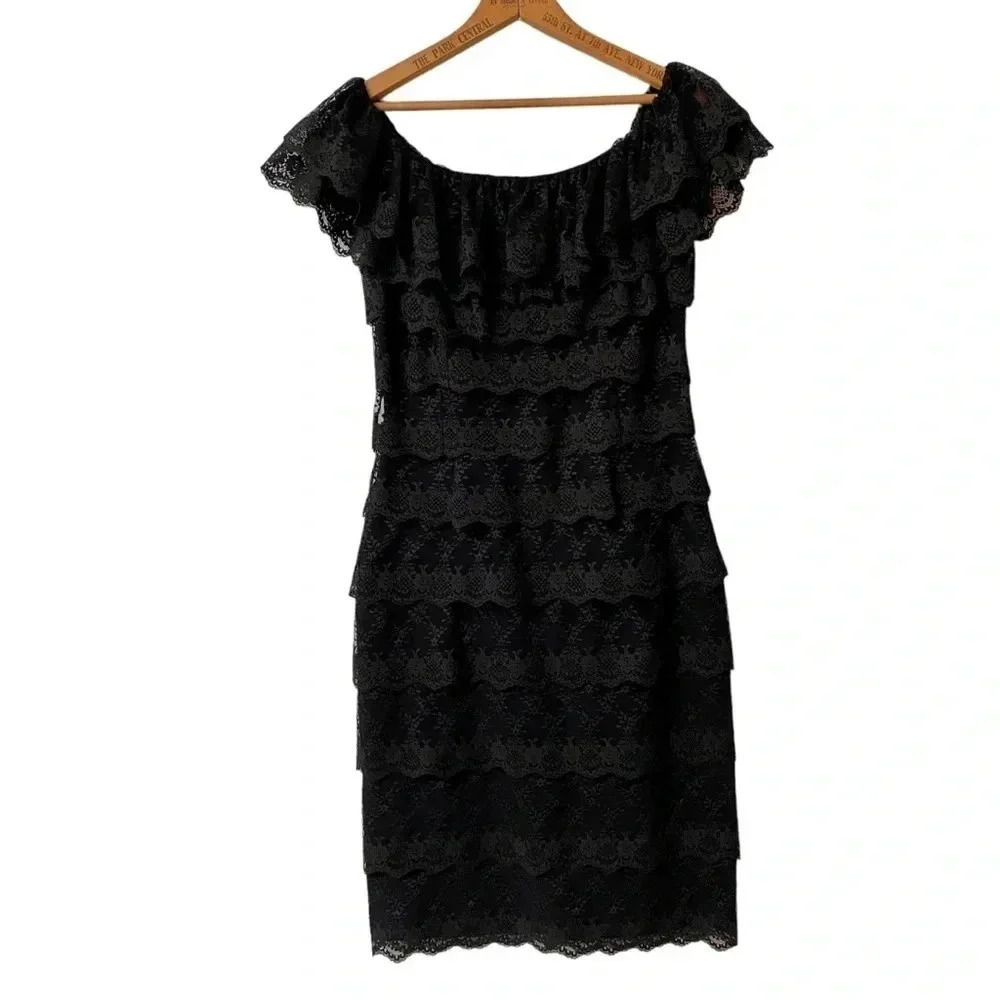 Tadashi Shoji Black Lace Cocktail Dress Off Shoulder Tiered US 2